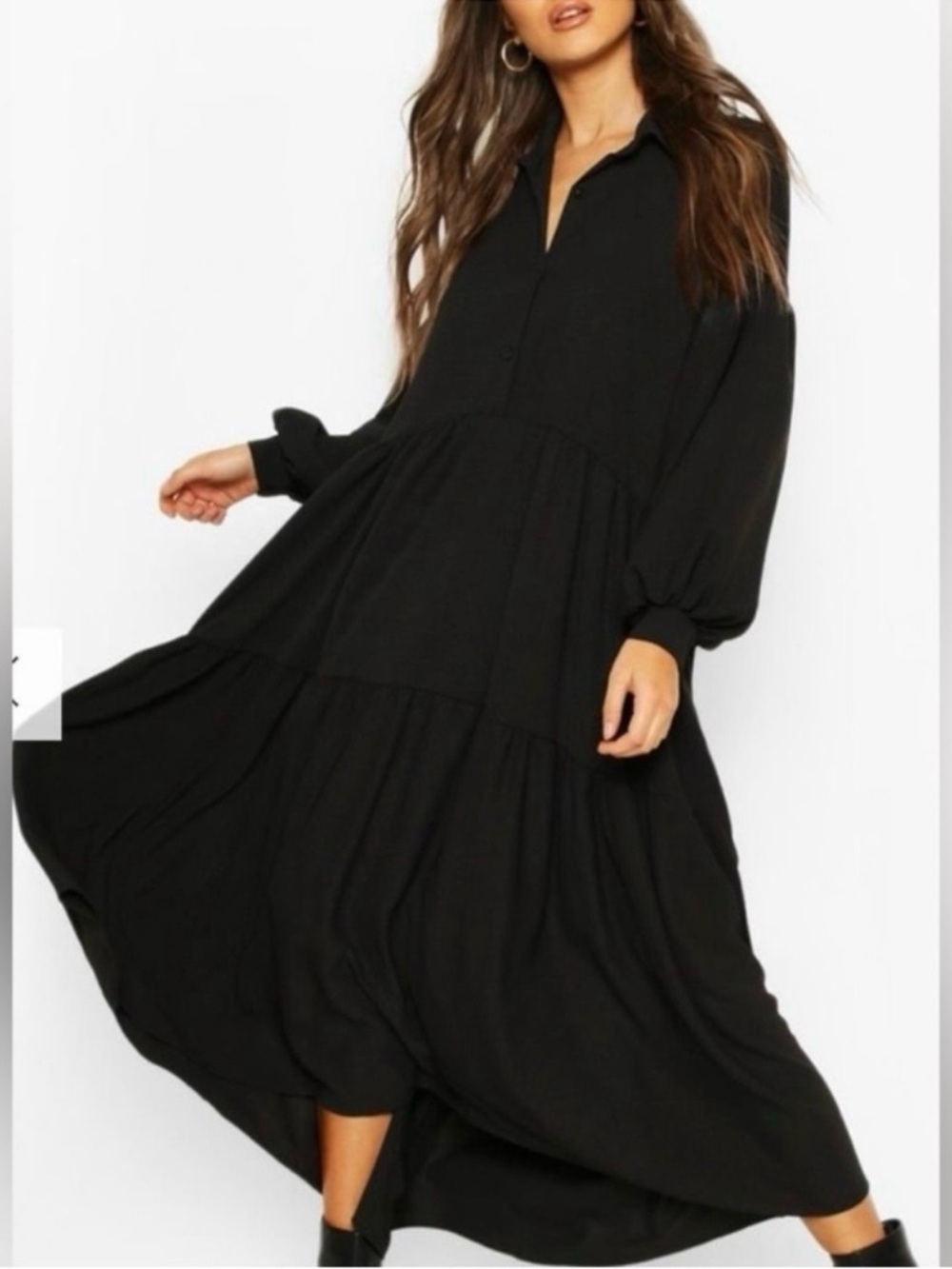 Elegant Black Long Sleeve Tiered Maxi Dress